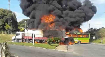 Motorista de ônibus tem 90% do corpo queimado em acidente com nove feridos; veja vídeo
